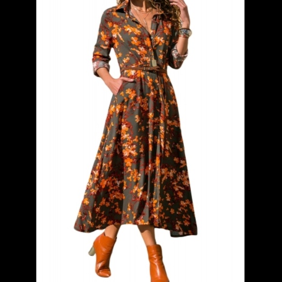 Coming Soon! || Orange Floral Shirt Dress w/Belt - Picture 1 of 2